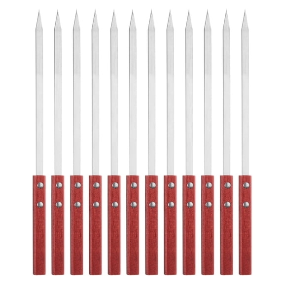 Uxcell 12pcs Metal Kebob Skewers 35cmx10mmx2mm Stainless Steel Flat Sticks with Wood Handle BBQ Barbecue Skewers