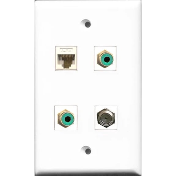 RiteAV - 2 Port RCA Green and 1 Port Coax Cable TV- F-Type and 1 Port Cat6 Ethernet White Wall Plate