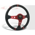thumbnail image 4 of AJP Distributors Universal 350mm 14" Steering Wheel 6 Bolts Holes Black PVC Leather 3 Red Stripe Light Weight Aluminum 3 Spoke Center Deep Dish Horn Button Grip Stance JDM VIP Sport, 4 of 5