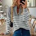 thumbnail image 3 of Women Fall Winter Half Zip Striped Pullover Sweaters Trendy V Neck Oversized Long Sleeve Knit Clothes Grey XL, 3 of 4