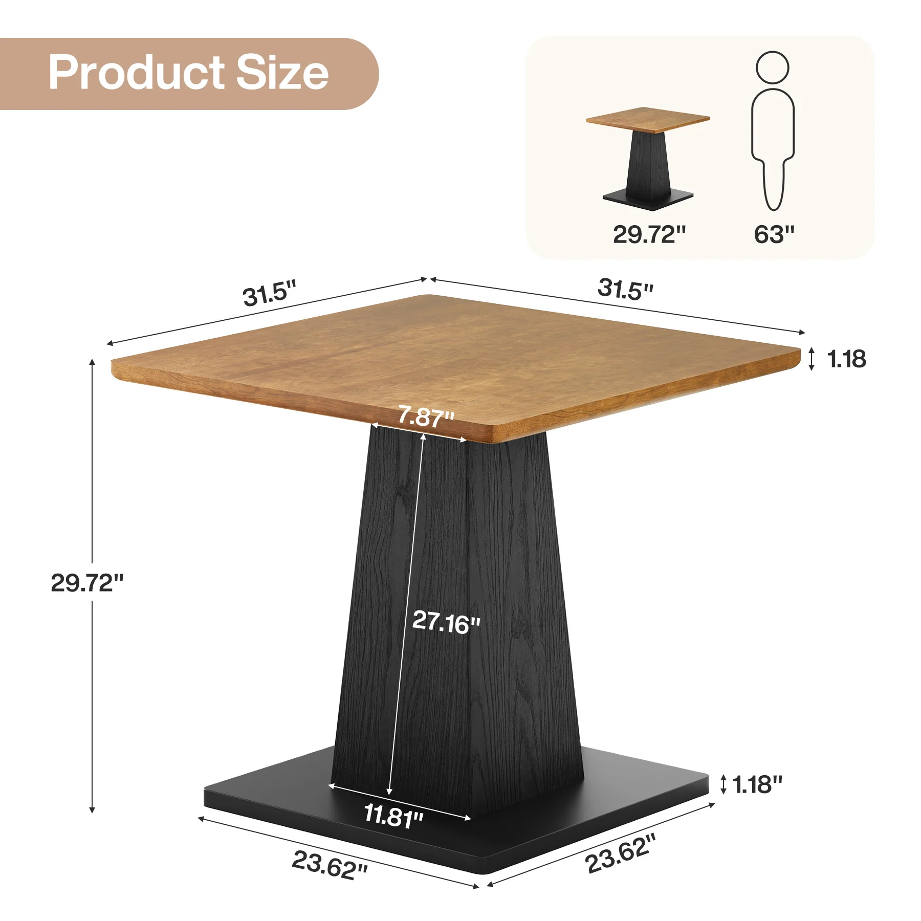 Hommoo 31.5 Inch Square Farmhouse Dining Table for 4, Rustic Wood-Grain Top with Pedestal Base, Space-Saving Kitchen & Breakfast Nook Table, Black