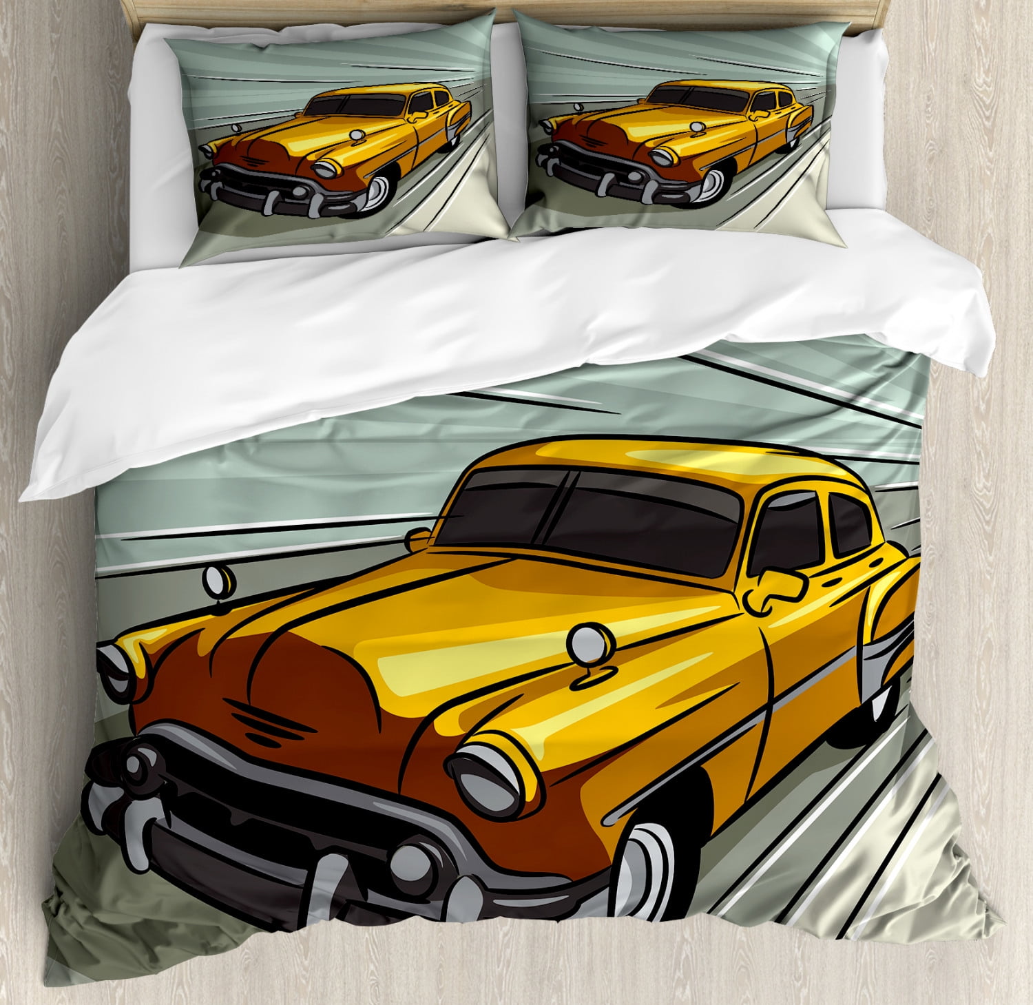 Cars Duvet Cover Set Queen Size, Speeding Yellow Vintage Car on Road