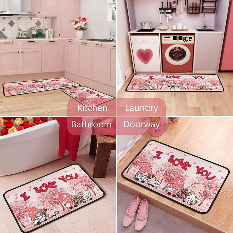 Valentines Day Gnome Kitchen Rugs Set 2Pcs I Love You Kitchen Floor Rug and  Mat Non Skid Waterproof Kitchen Runner Rug Standing Area Mat Carpets for  Anniversary Holiday Indoor Decor 17x47+17x30 