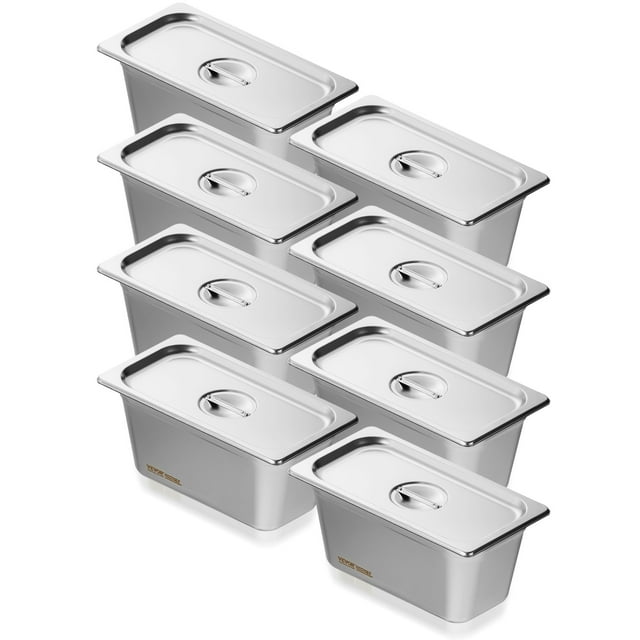 VEVOR 8 Pack 1/3 Size Hotel Pans Steam Table Pan Stainless Steel 6" Deep Lid. The image displays eight stainless steel steam table pans with lids, each 1/3 size and 6 inches deep. Constructed from food-grade SUS201 stainless steel, these pans are heat and cold resistant, making them suitable for ovens, freezers, and steam tables. They feature anti-stacking grooves for easy separation and smooth surfaces for quick cleaning. Ideal for cooking, storing, and serving food in restaurants, catering events, or home kitchens.