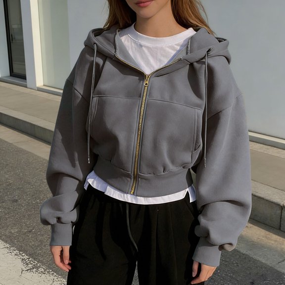 shoper Women's Drop Shoulder Zip Up Hoodie, Soft Cozy Long Sleeve Cropped Jacket with Pockets (Dark Gray,S)