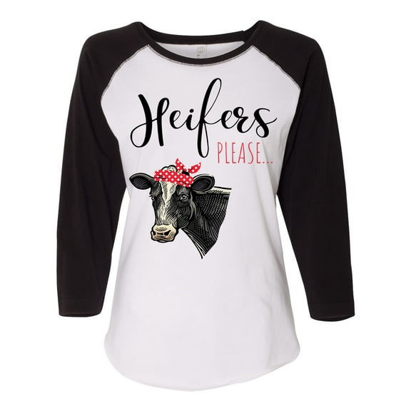 Women's Cow Bandana Heifer Please Ladies Fit Raglan Short Sleeve T-shirt-Black/White-large