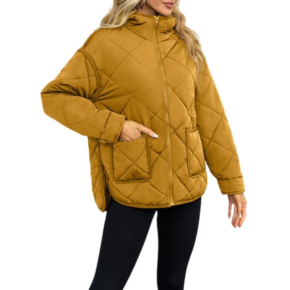 Winter Women Long Sleeve Zipper Quilted Coat Casual Loose Lightweight Hooded Puffer Jacket with Pocket