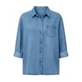 thumbnail image 4 of ASDFVBKG Women Button Down Denim Shirts Casual Long Sleeve V Neck Chambray Blouse Top Royal Blue S, 4 of 7