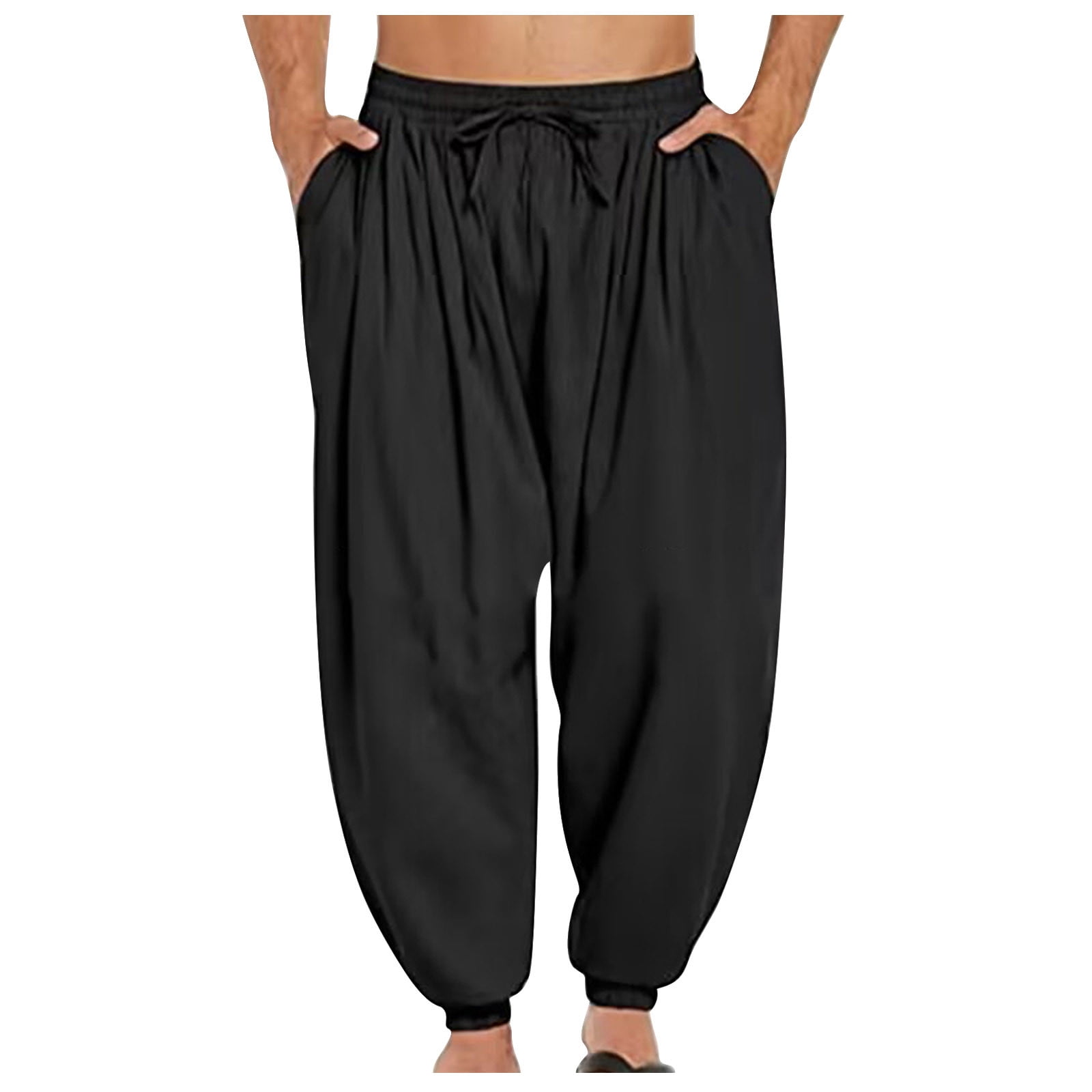 JingHai Mens Harem Pants Casual Baggy Elastic Drawstring Waist Aladdin  Hippie Pant Big and Tall Men Sports Pants Cotton Linen Pants Black L -  Walmart.com