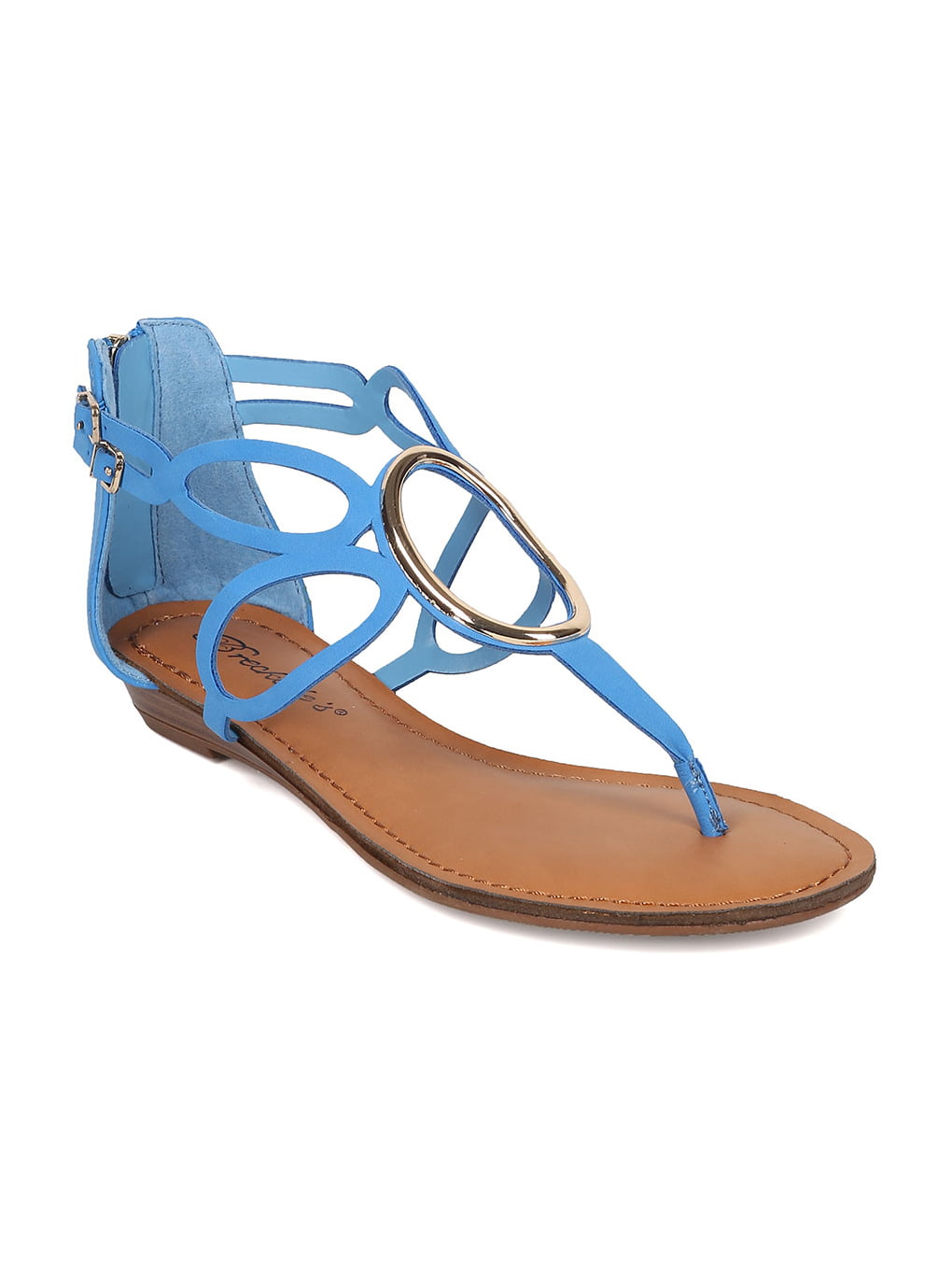 Breckelles Women Leatherette Strappy Cut Out Flat Gladiator Sandals CB02 Light Blue
