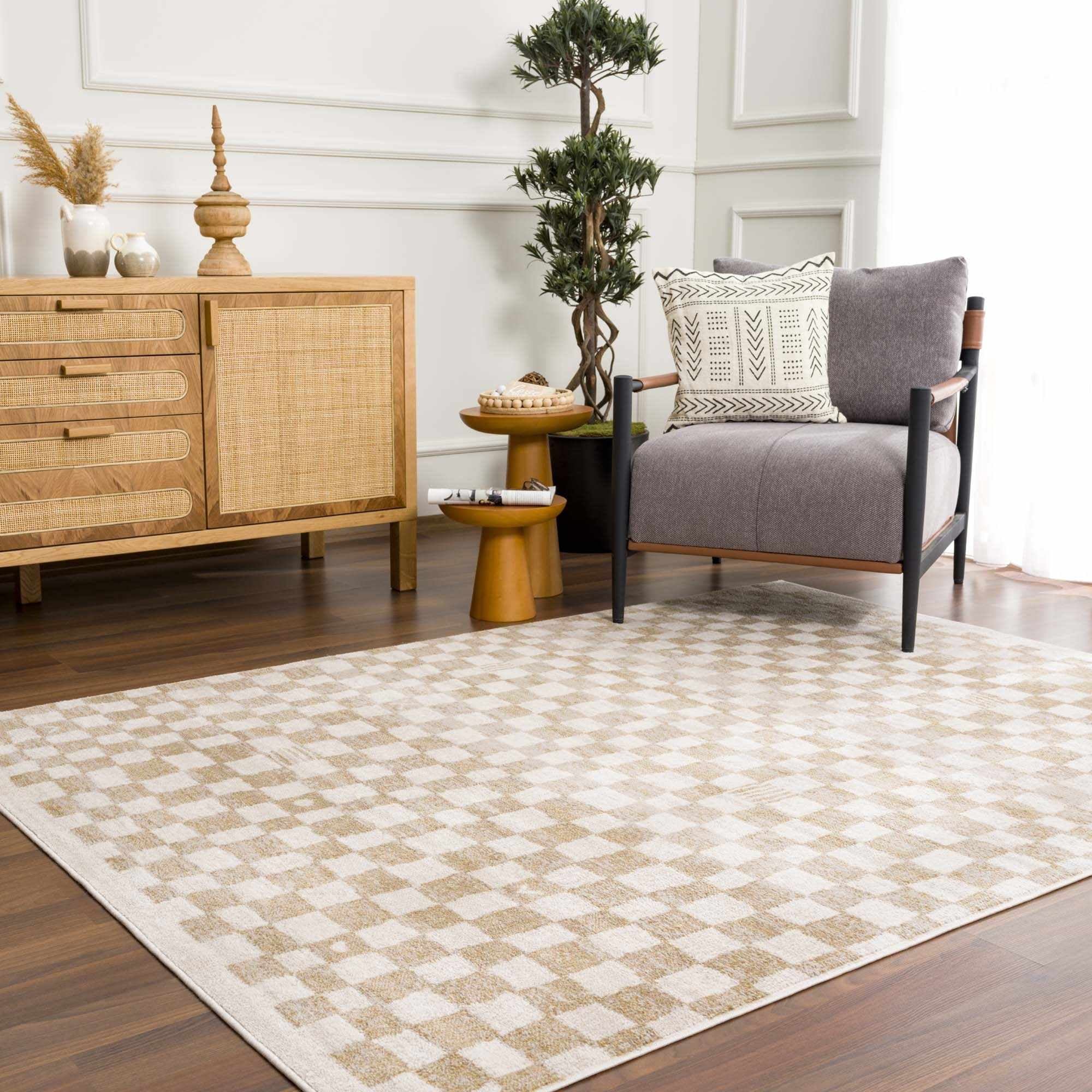 Hauteloom Pertek Checkered Square Tile Distressed Area Rug - 5'3 x 7' - Brown, Beige, Cream