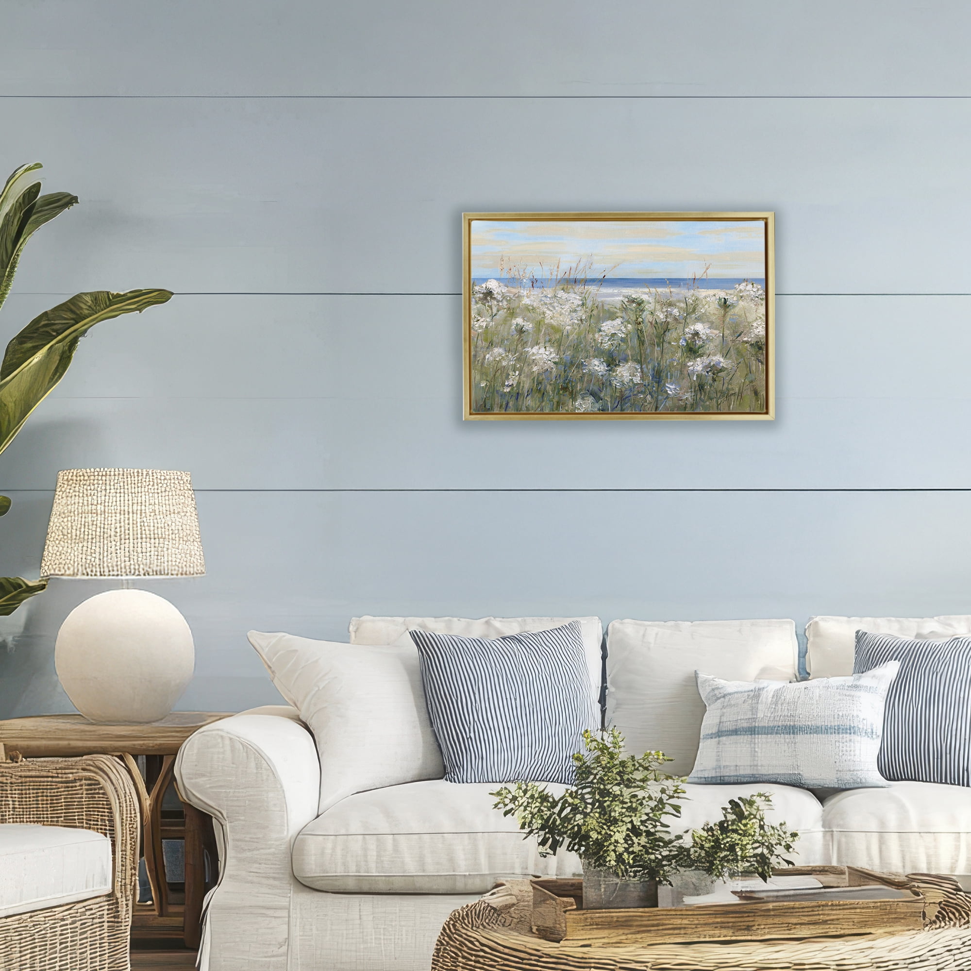 Stupell Industries Impressionist Seaside Meadow Gold Framed Floater Canvas Wall Art, design by Sally Swatland