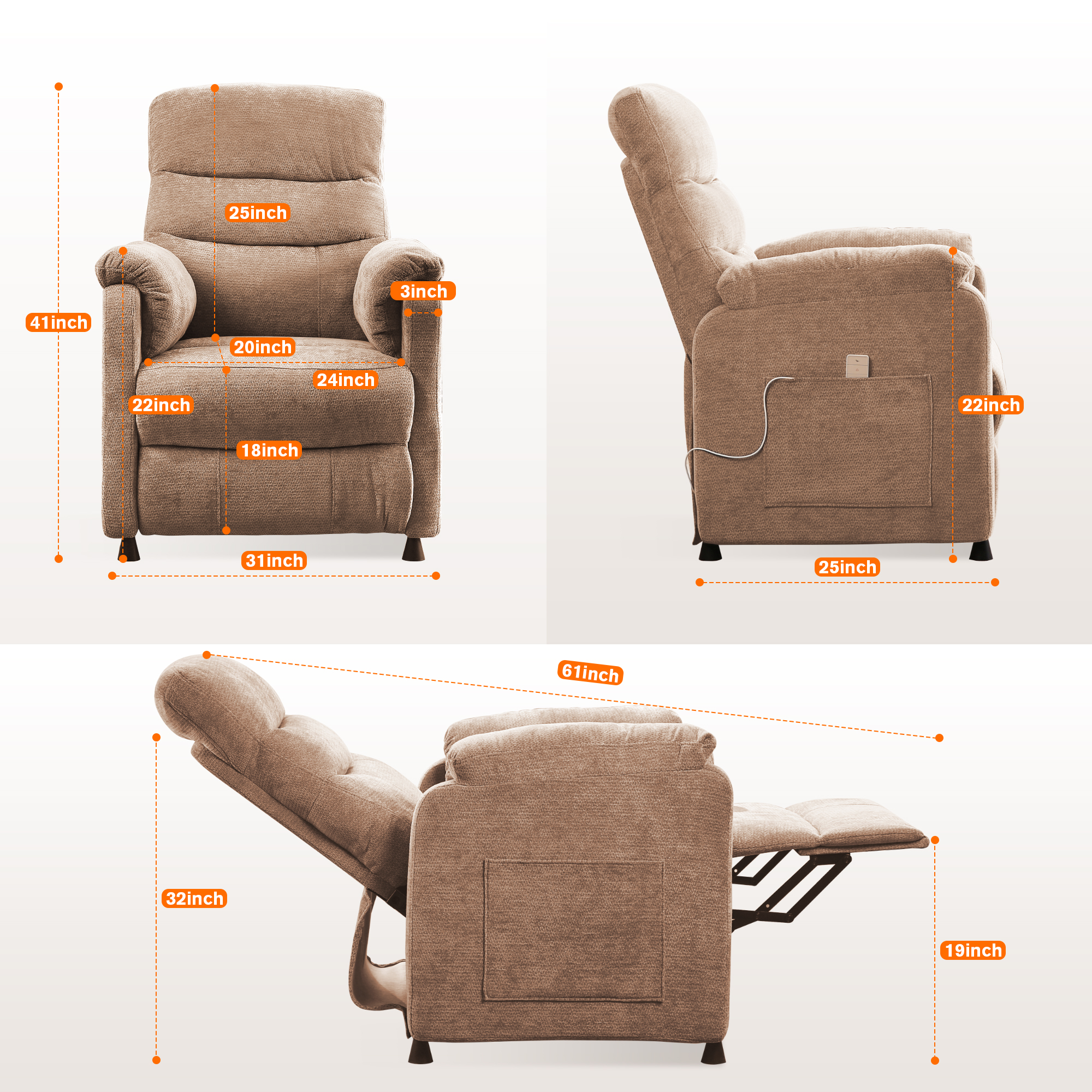 Miniyam Power Recliner Chair in Brown, Full Steel Frame & 7-Zone Support with Wired Memory Remote for Home Theater