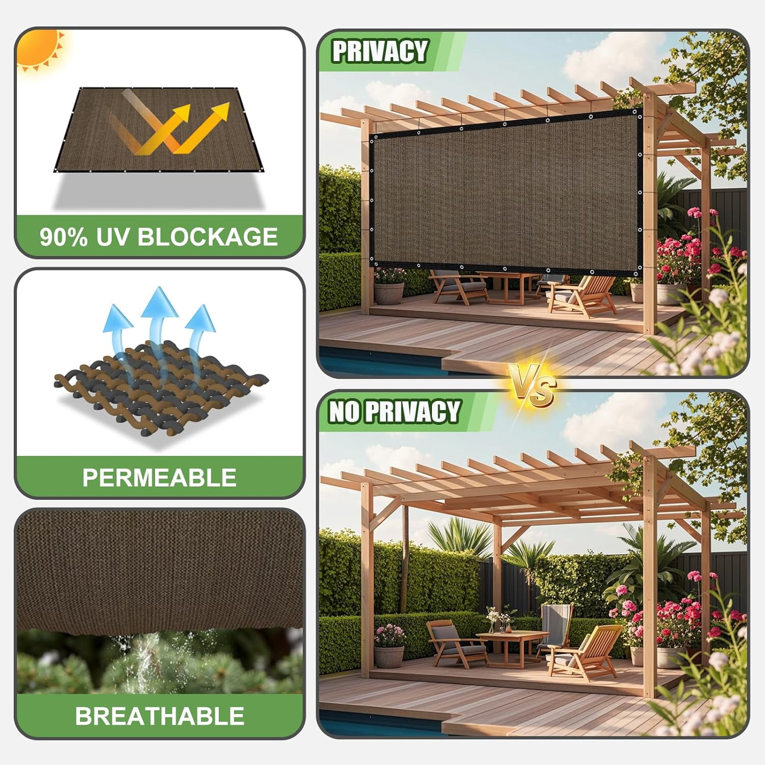 90% UV Block Sun Shade Cloth with Grommets, Outdoor Pergola Shade Cover for Patio Garden Backyard（Mocha，6'×12'）