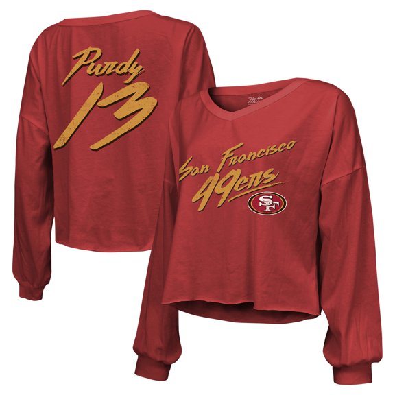 Women's Majestic Threads Brock Purdy Scarlet San Francisco 49ers Name & Number Off-Shoulder Script Cropped Long Sleeve