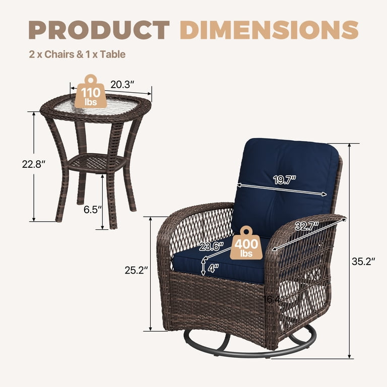 BaPiPro Navy Blue Swivel Rocker Wicker Conversation Set, 3-Piece photo 2