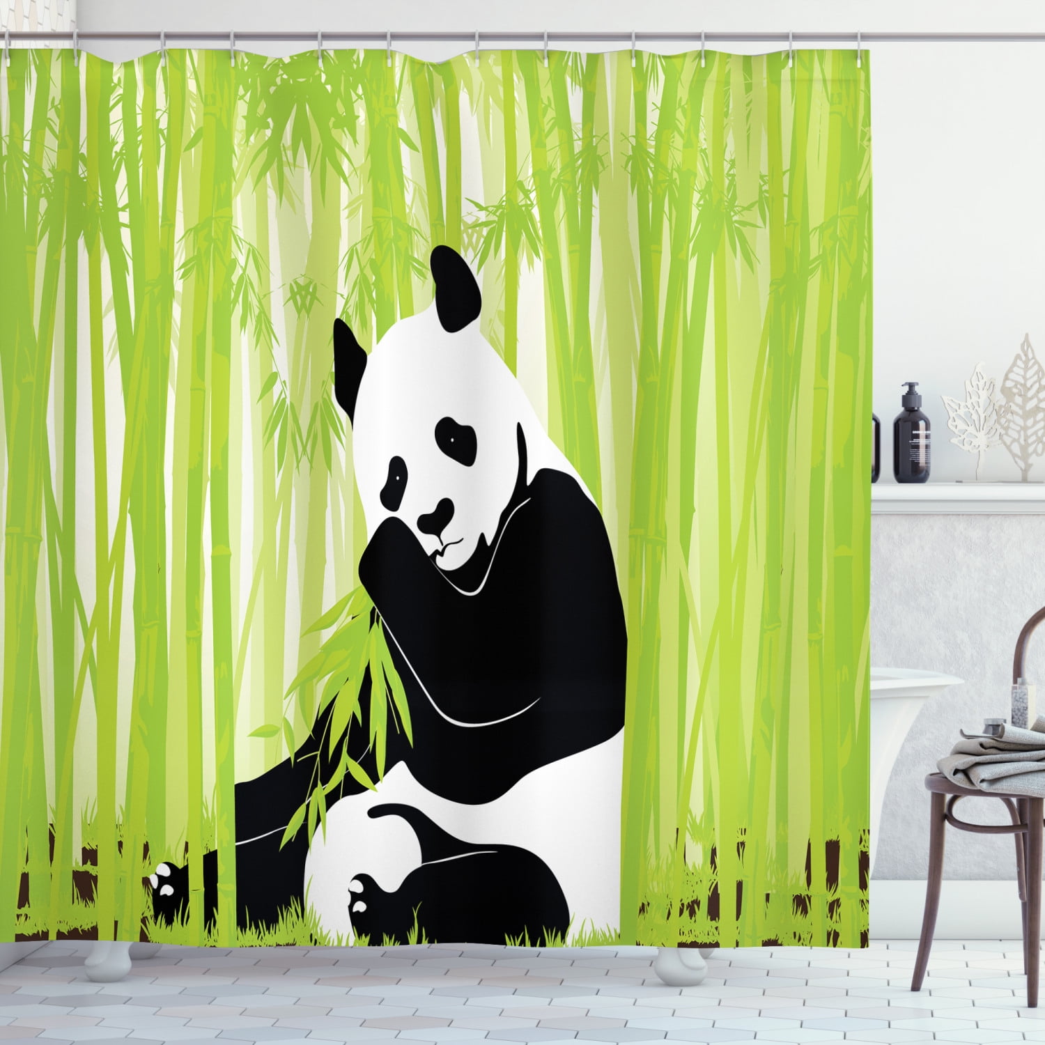 Cartoon Style Wild Animals in Bamboo Forest Shower Curtain Set Bathroom Decor LB 