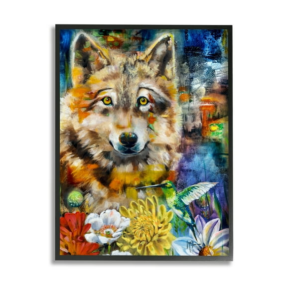 Stupell Industries Wolf with Abstract Florals Animals & Insects Painting Black Framed Art Print Wall Art, 24 x 30