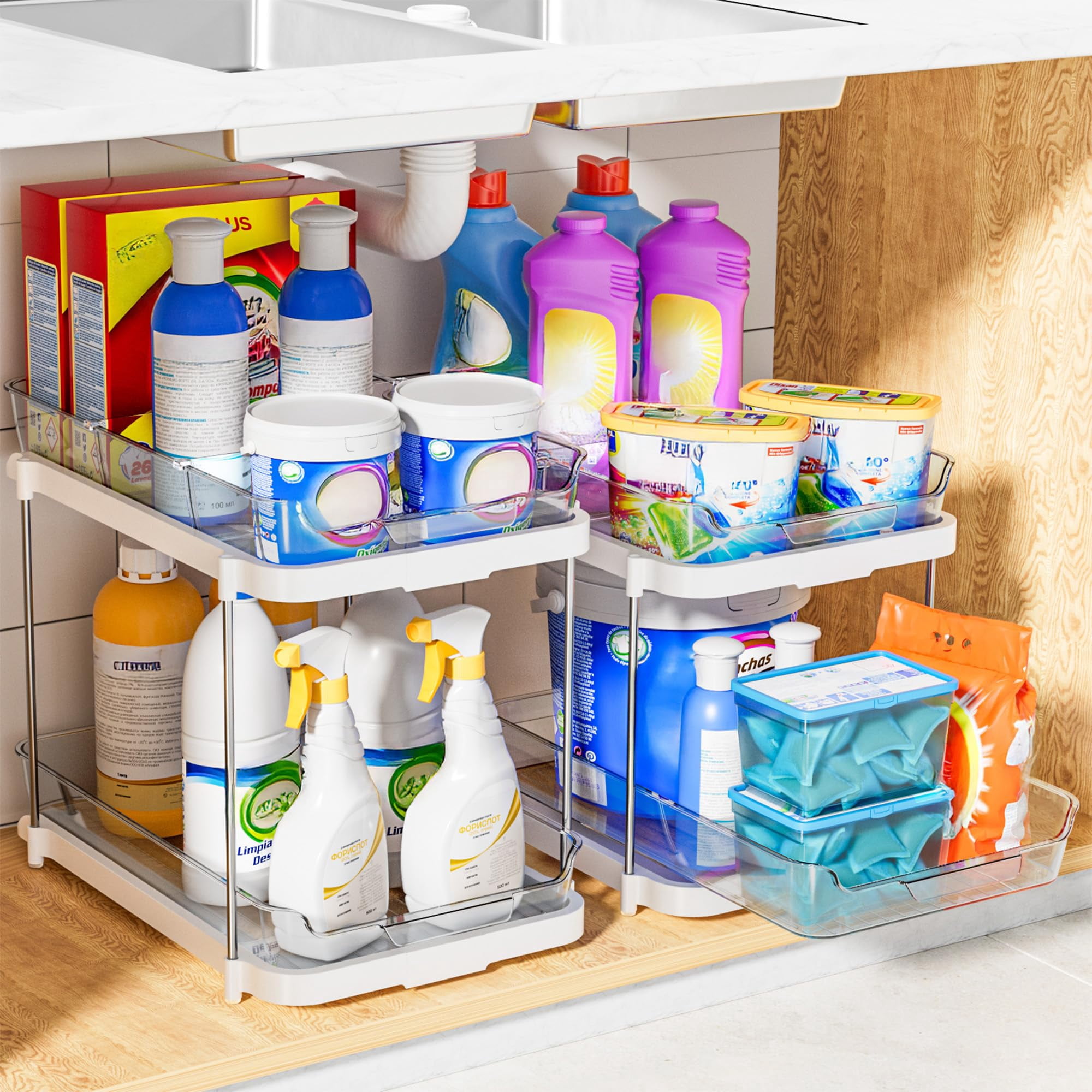 2-tier Multi-purpose Bathroom Under Sink Organizers And Storage  Stackable Kitchen Pantry Organization Pull Out Cabinet Organizer With Movable Dividers White 2 Pack