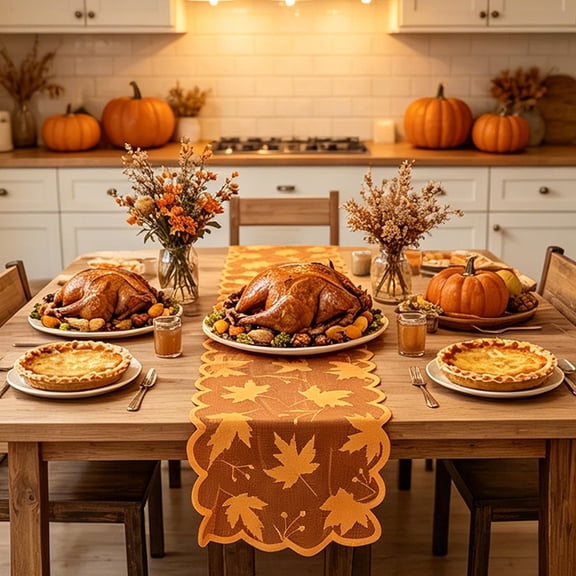 Orange Maple Leaf Lace Table Runner 73.2 Inch Sheer Mesh Polyester Linen Scalloped Border Foldable For Thanksgiving Halloween Christmas Dining Table Home Decor