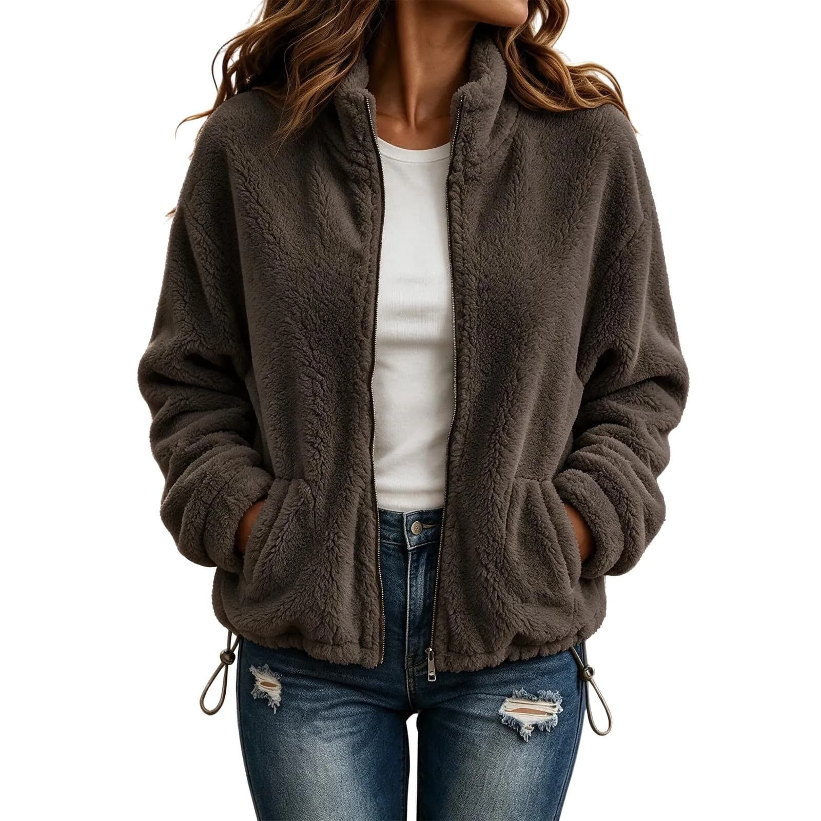 GUACER Sherpa Fleece Full Zip Jackets for Women with Pockets & Drawstring Hem Warm Casual Outerwear