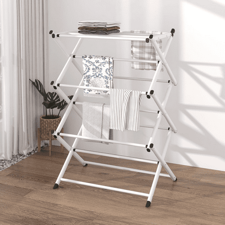 Leyeet 3-Tier Folding Clothes Drying Rack, 11-Rod Expandable Steel Laundry Hanger Stand, Lightweight Clothing Rack, Space-Saving Laundry & Towel Rack for Indoor/Outdoor Use, White