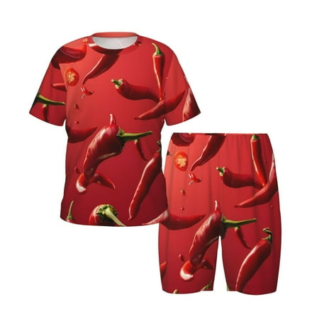 Picia Floating Red Chili Peppers Printed Boys  Kids-PJ Snug Fit Cotton Short Sleeve Top and Shorts 2 Piece Pajama Set-3X-Large