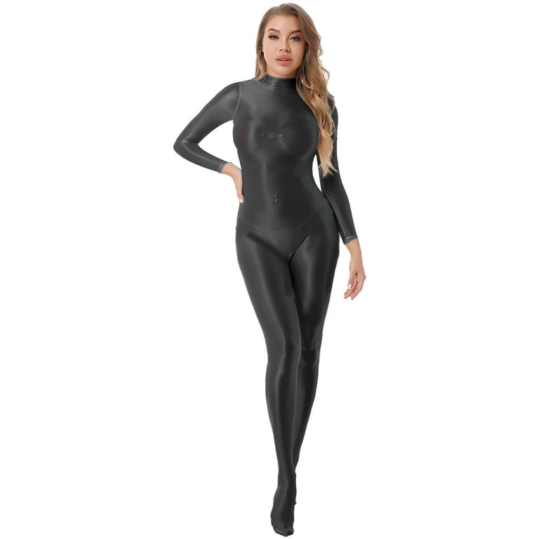 YIZYIF Womens Glossy Full Body Jumpsuit Long Sleeve Solid Color Zipper  Catsuit Bodysuit for Swimming Fitness Sports Black M