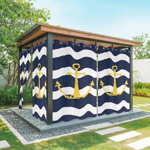 Navy Blue Outdoor Curtains for Patio Waterproof, Wave Stripes Yellow Nautical Anchor Grommet Curtains for Porch Outside Privacy Drape for Gazebo Garden Pergola, 2 Panels, 54x84in