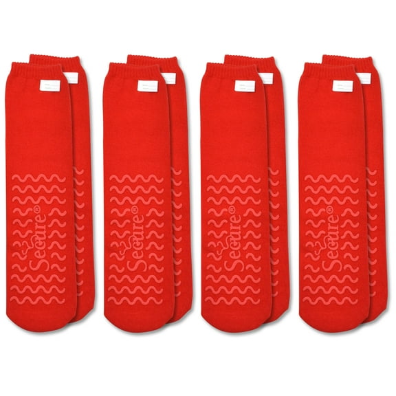 4 Pairs of Ultra Soft Non-Slip Grip Slipper Socks, Red - Fall Injury Prevention Hospital Sock for Safety, Comfort and Warmth - All Around Tread Pattern