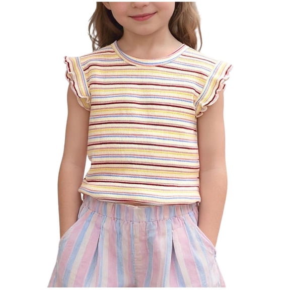 SGFCWSX Girls T Shirt Summer Ruffle Flutter Sleeve Crew Neck Rainbow Striped Ribbed Knit Casual Soft Kids Daily School Wear Tee Tops Pink Size 2T