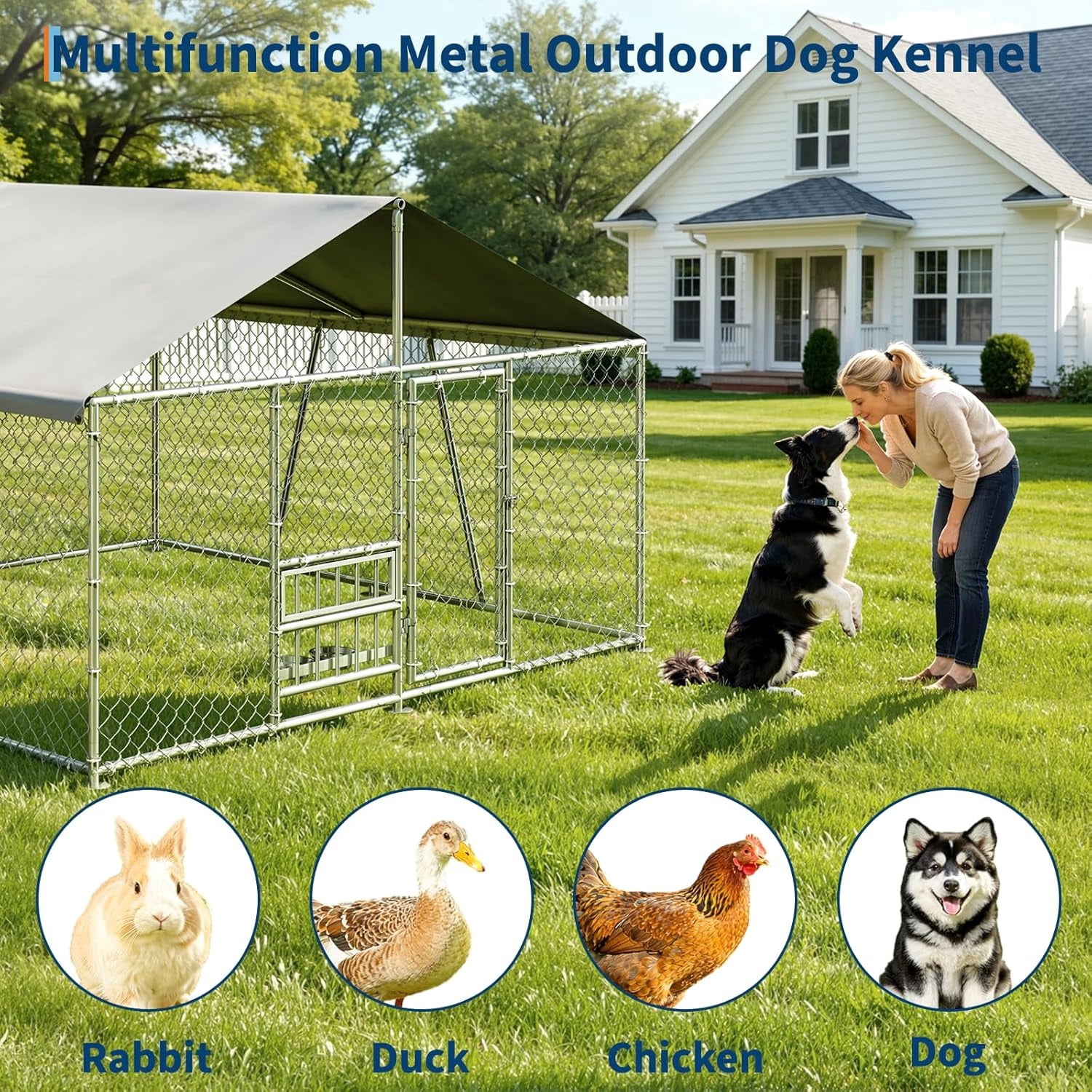 10×10×5.9 FT Home Large Metal Outdoor Dog Kennel, Metal Wire Dog Enclosure with Waterproof Roof & Adjustable Bowls Feeder for Backyard Farm