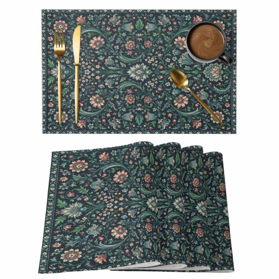 Floral Placemats Set of 12, Vintage Rustic Red Flower Green Leaf Vine Botanical Non-Slip Place Mats Washable Table Mats for Kitchen Dining Table Decorations Indoor/Outdoor