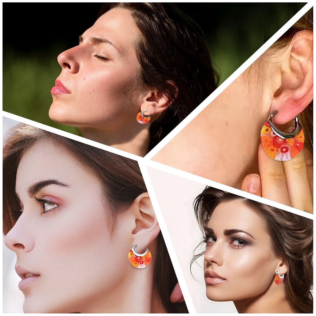 Glass Hoop Earrings for Women Dangle - Flower Fun Orange Earrings - Murano Style Jewelry Stainless steel Anniversary Birthday Christmas Gifts 11.6 Gms