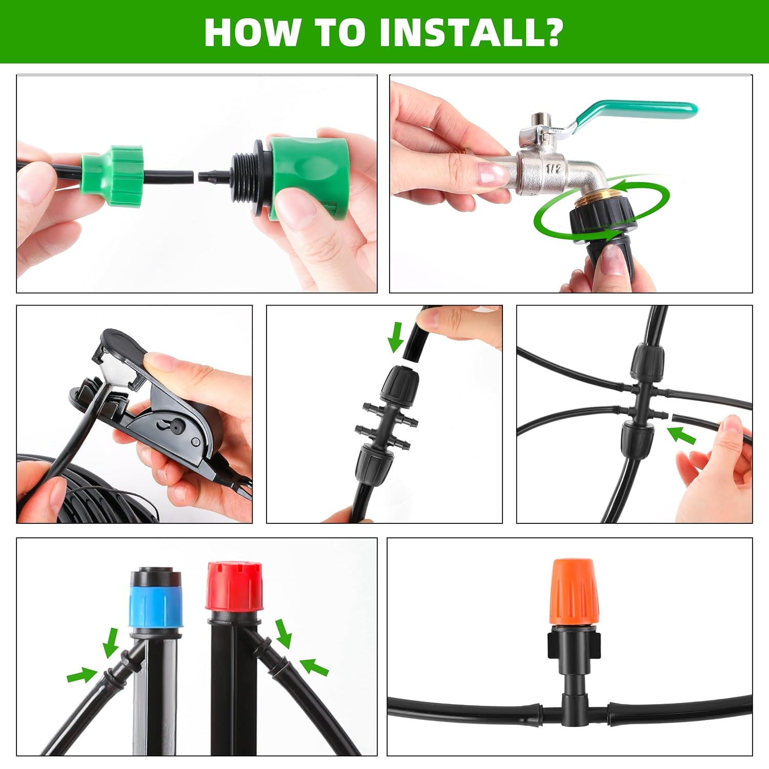 Drip Irrigation System Kit, 240 Ft Automatic DIY Garden Watering and Misting Set, Adjustable Drip Emitters, 5/16 in and 1/4 in Tubing, Connectors and Fittings