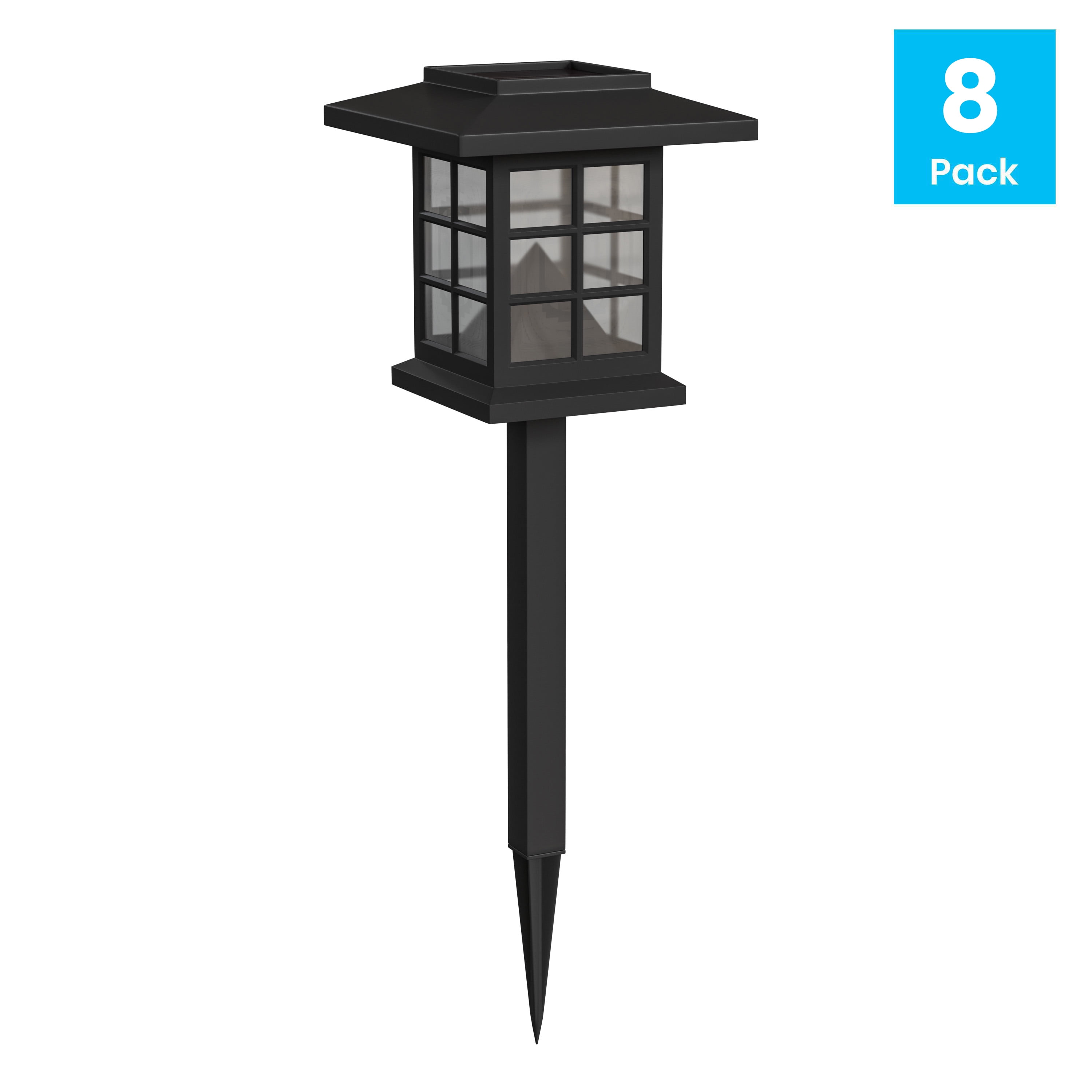 BizChair 8 Pack Black Lantern Style LED Solar Lights Weather Resistant Outdoor Solar Powered Lights for Pathway, Garden, & Yard