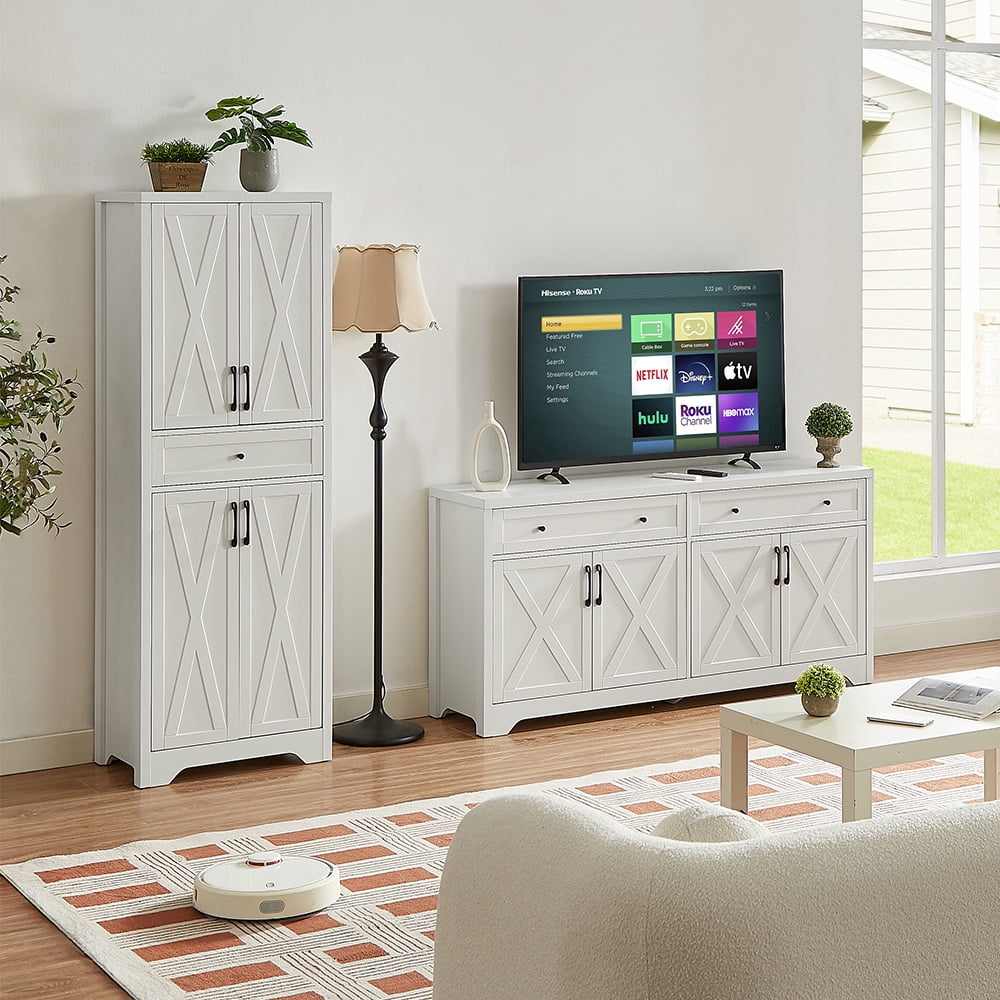 TrumanPick 3-Piece Modern Farmhouse Sideboard Buffet Cabinet and TV Cabinet & Kitchen Storage Pantry Set,White
