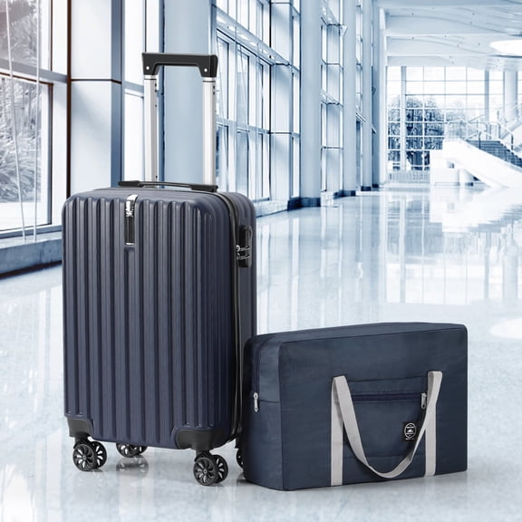 2 Piece Set – 20" Carry On Luggage with Foldable Travel Bag, Lightweight ABS Hardside Suitcase with 360° Spinner Wheels, Navy Blue