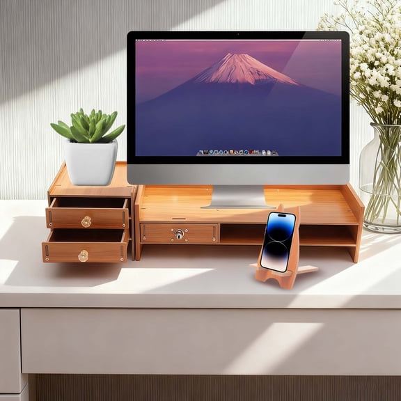 Haraisyo Desk Monitor Stand Riser with 3 Storage Drawers & Phone Holder, Multifunctional Raised Computer Monitor Shelf for Home Office Study Workstation