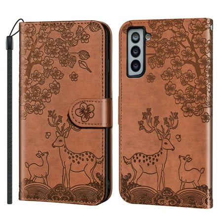 TOP SHE Case For Samsung Galaxy S21, Sika Deer Flip Synthetic Leather TPU Case Cover with Fashion Wallet Lanyard Anti-Scratch Shockproof Bumper Case,Brown