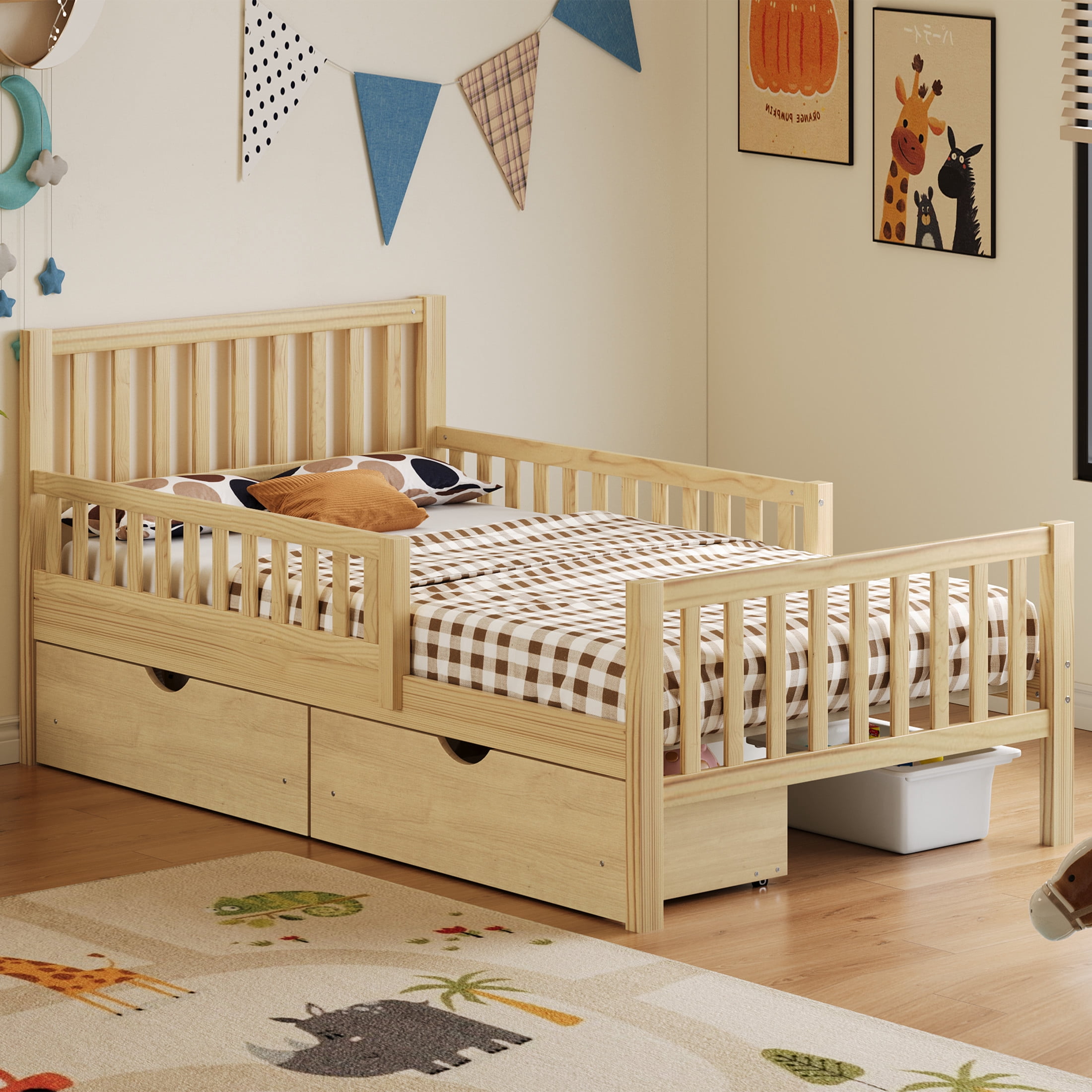 Noble House Twin Size Wood Platform Bed with Guardrails and 2 Storage Drawers, Natural