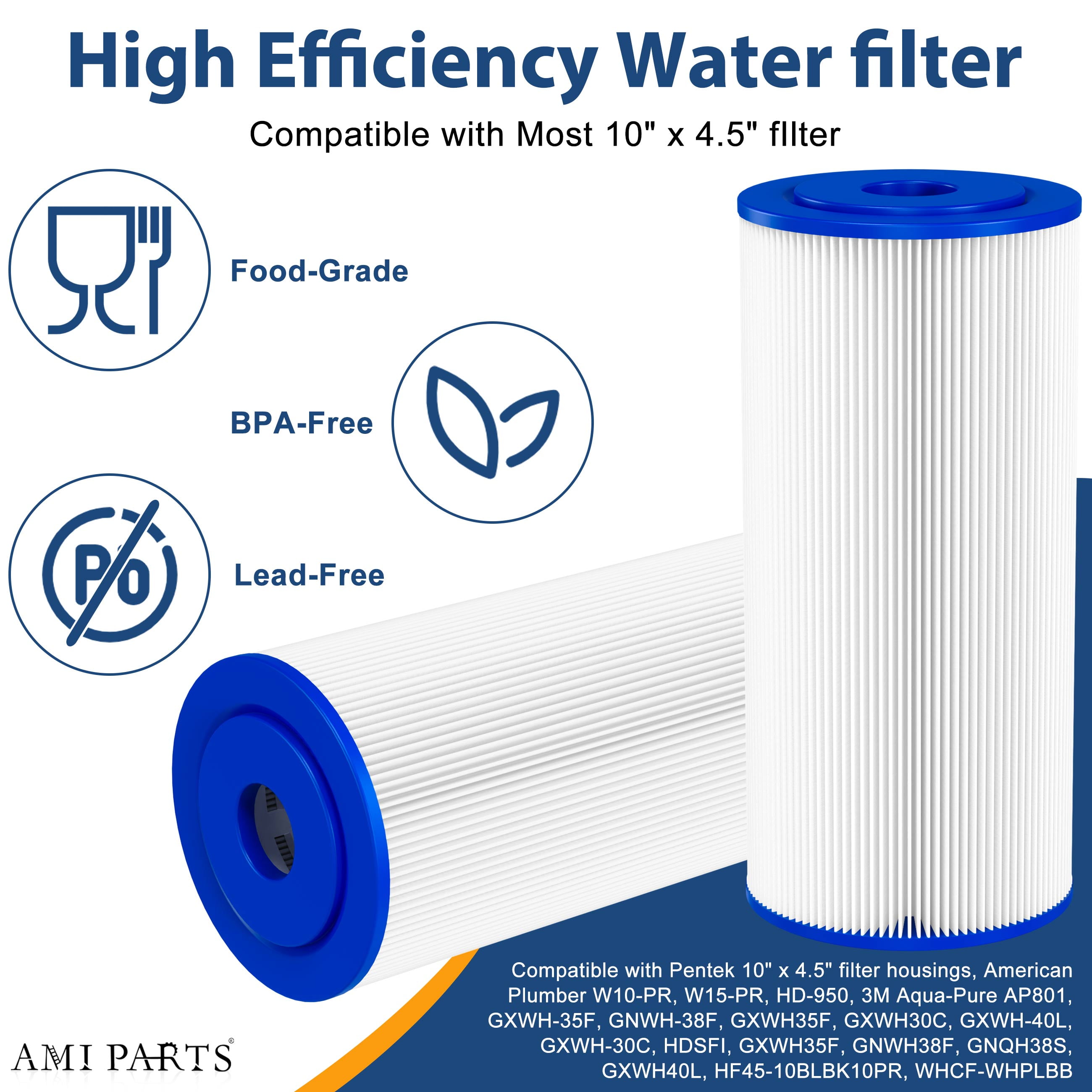 AMI PARTS 5 Micron 10" x 4.5" Whole House Pleated Sediment Filter for Well Water,American Plumber W50PEHD, W10-PR, Culligan R50-BBSA