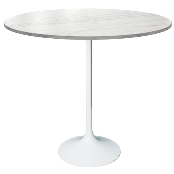 LeisureMod 48" Round Bar Height Dining Table with Sintered Stone Top and White Stainless Steel Pedestal Base for Modern Kitchen Verve Collection in Marble White