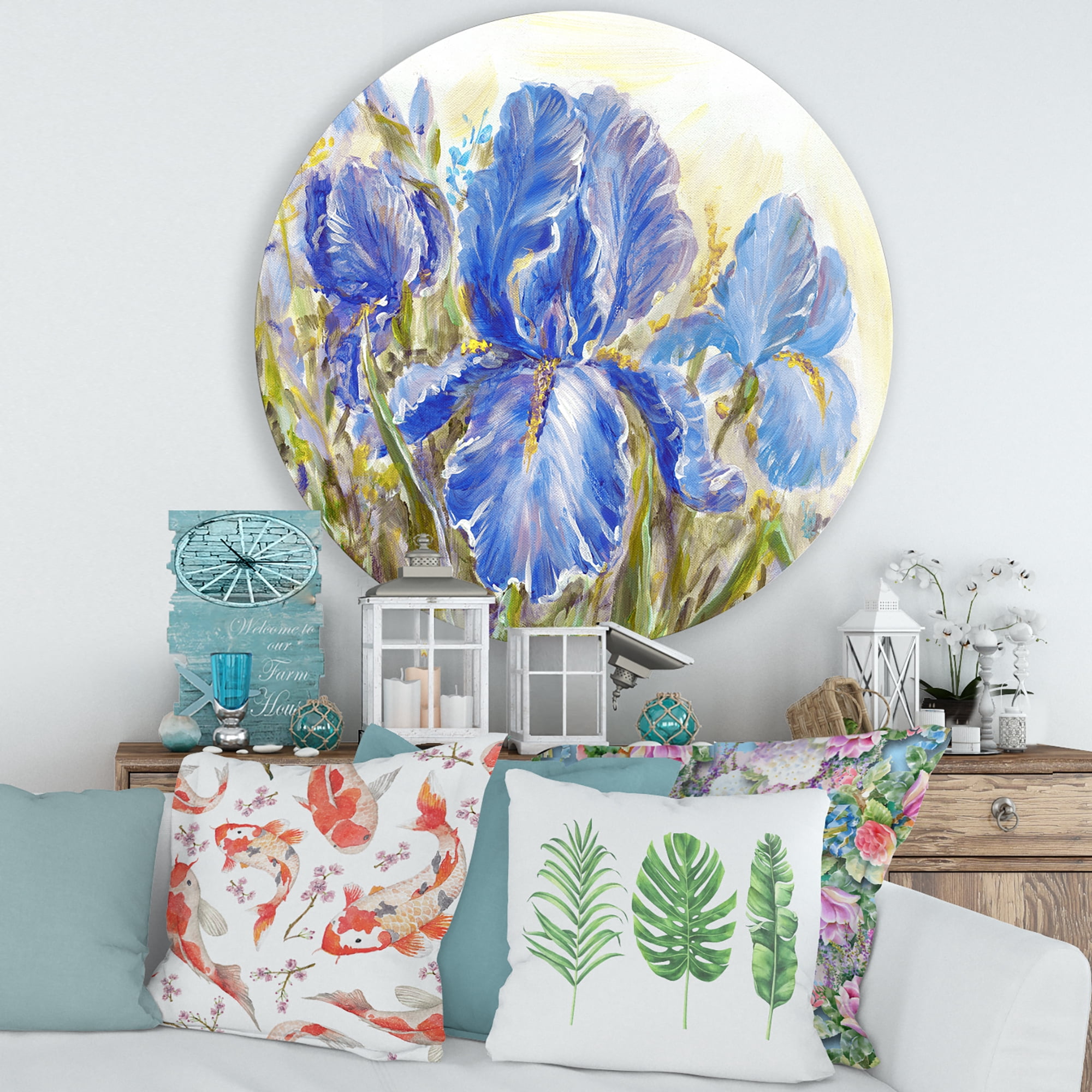 Designart 'Blue Irises Blossoming Flowers' Traditional Circle Metal Wall Art 36x36 - Disc of 36