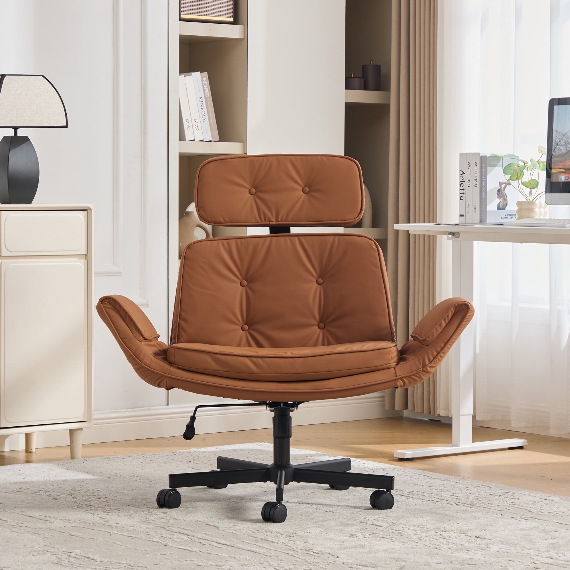 Peispie Criss Cross Office Chair with Adjustable Arms, Leather Cross Legged Desk Chair with Headrest, Wide Seat High Back Swivel Computer Office Chair for Home Office, Brown