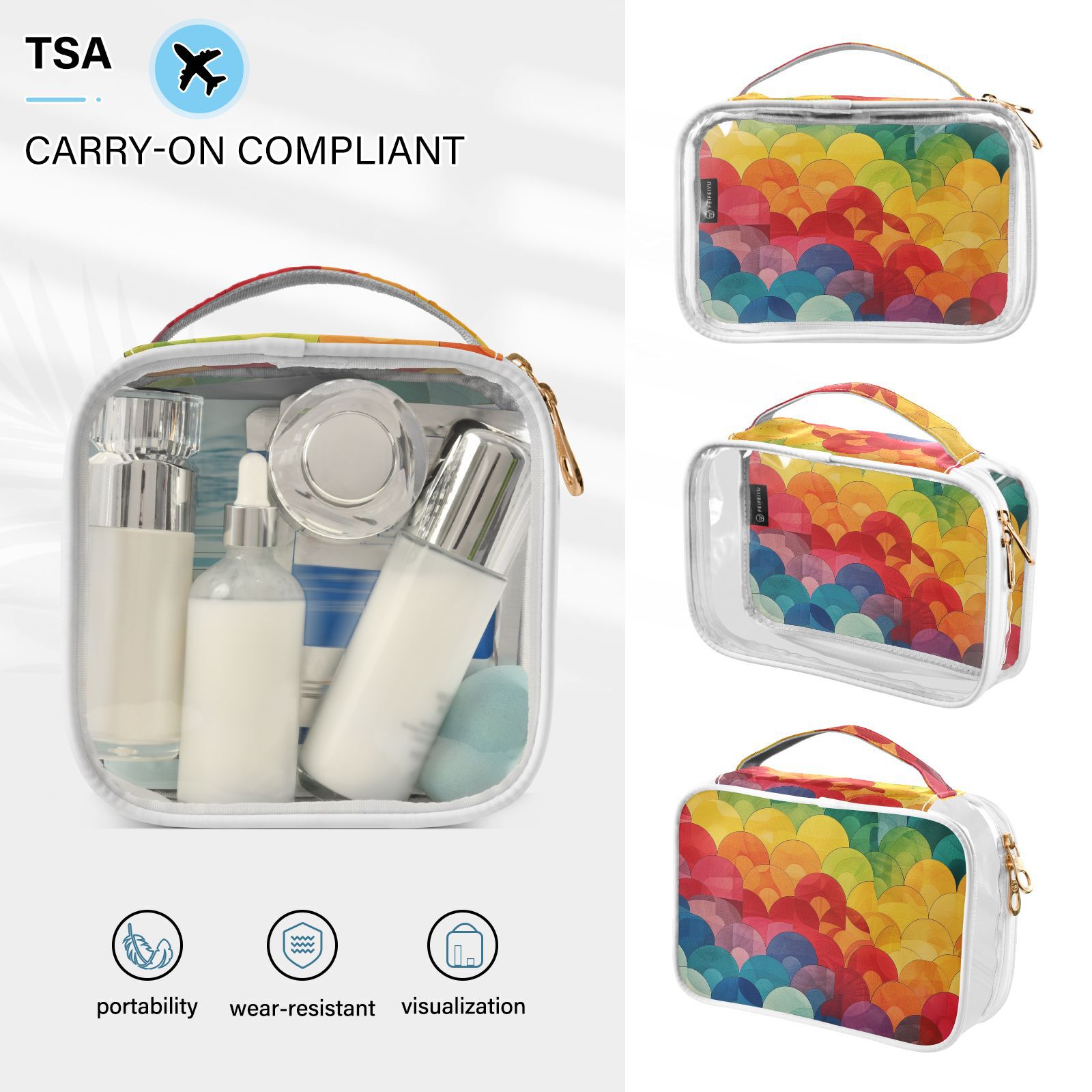 Clear Makeup Bags with Handle Large Opening 2 Pack Set Toiletry Bag Quart Size Bag, for Women Man Traveling Travel Essentials, Toiletries and Other. Vibrant Pattern Colorful Waves Dynamic