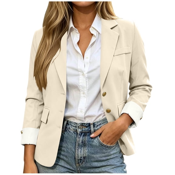 vdgthytj Blazer for Women Long Sleeve Open Front Button Lightweight Lapel Collar Fall Business Casual Work Jackets(XX-Small,White)