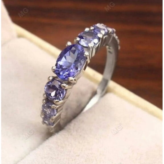 Oval Cut Natural Tanzanite Ring Blue Gemstone 925 Sterling Silver Half Eternity Band Stacking Matching Band Bridal Ring Gift For Womens.