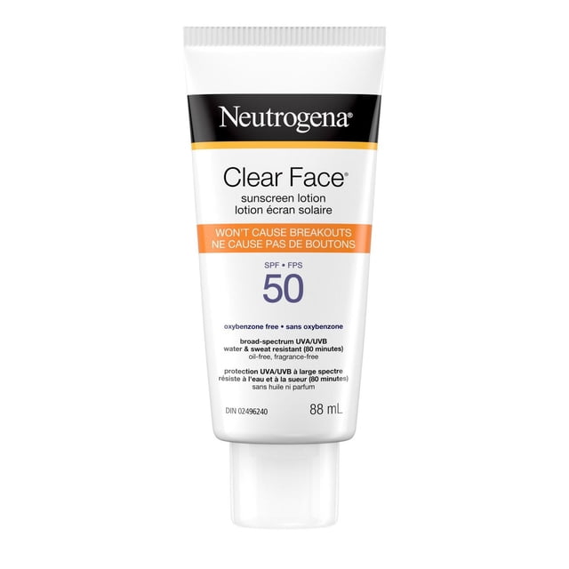 Neutrogena Clear Face Sunscreen Lotion for Acne-Prone Skin, Broad Spectrum SPF 50 UVA/UVB Protection, Oil-, Fragrance- & Oxybenzone-Free Facial Sunscreen, Non-Comedogenic