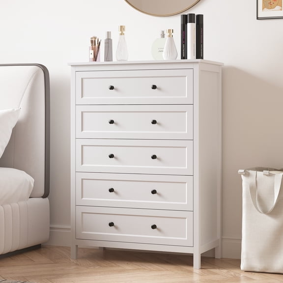 DIYART 5 Drawer Dresser for Bedroom, 42" Tall Chest of Drawers with Black Handles, Modern Wooden Bedroom Storage Cabinet for Living Room and Closet, White
